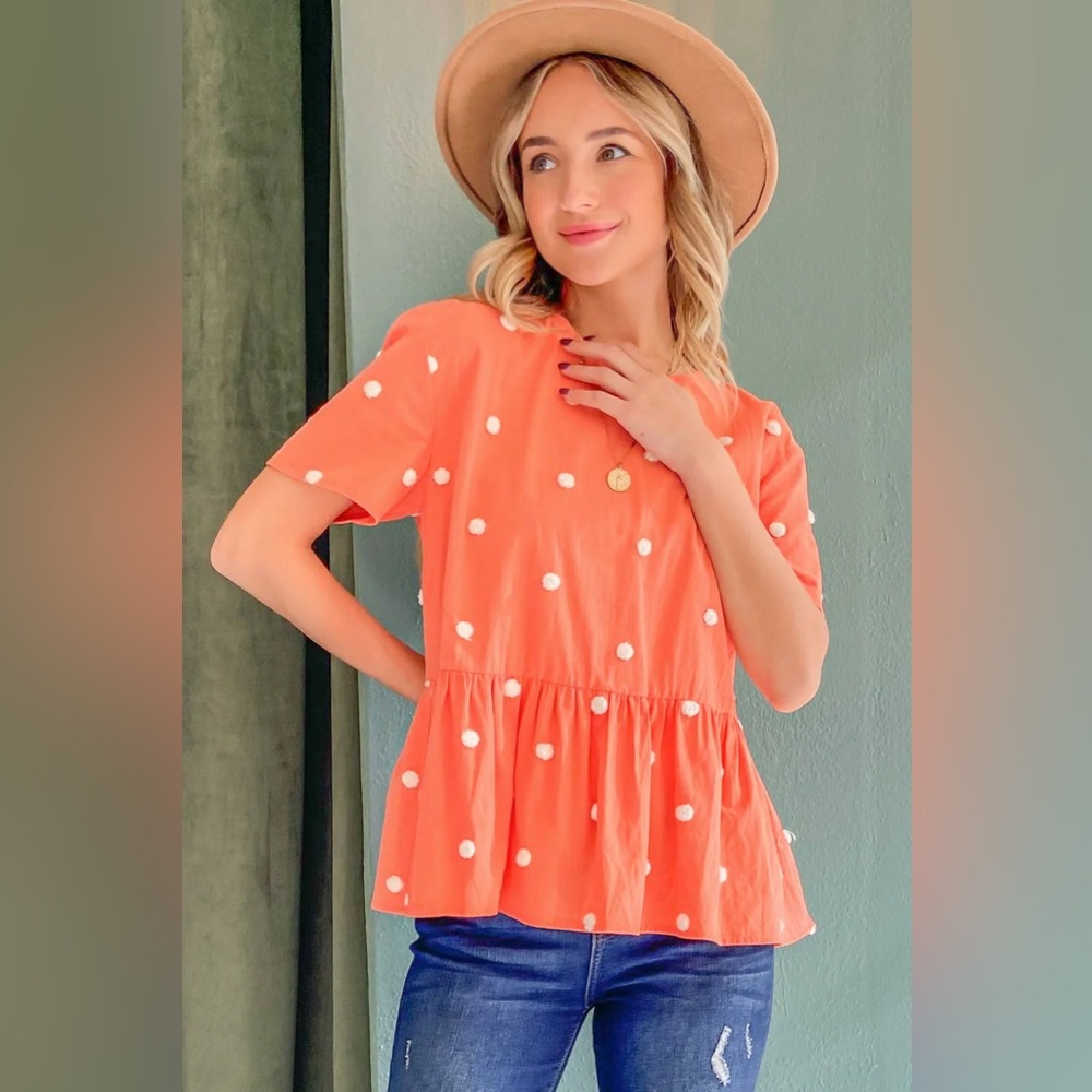 NWT Pom Pom Polka Dot Top (Orange/coral, size small)